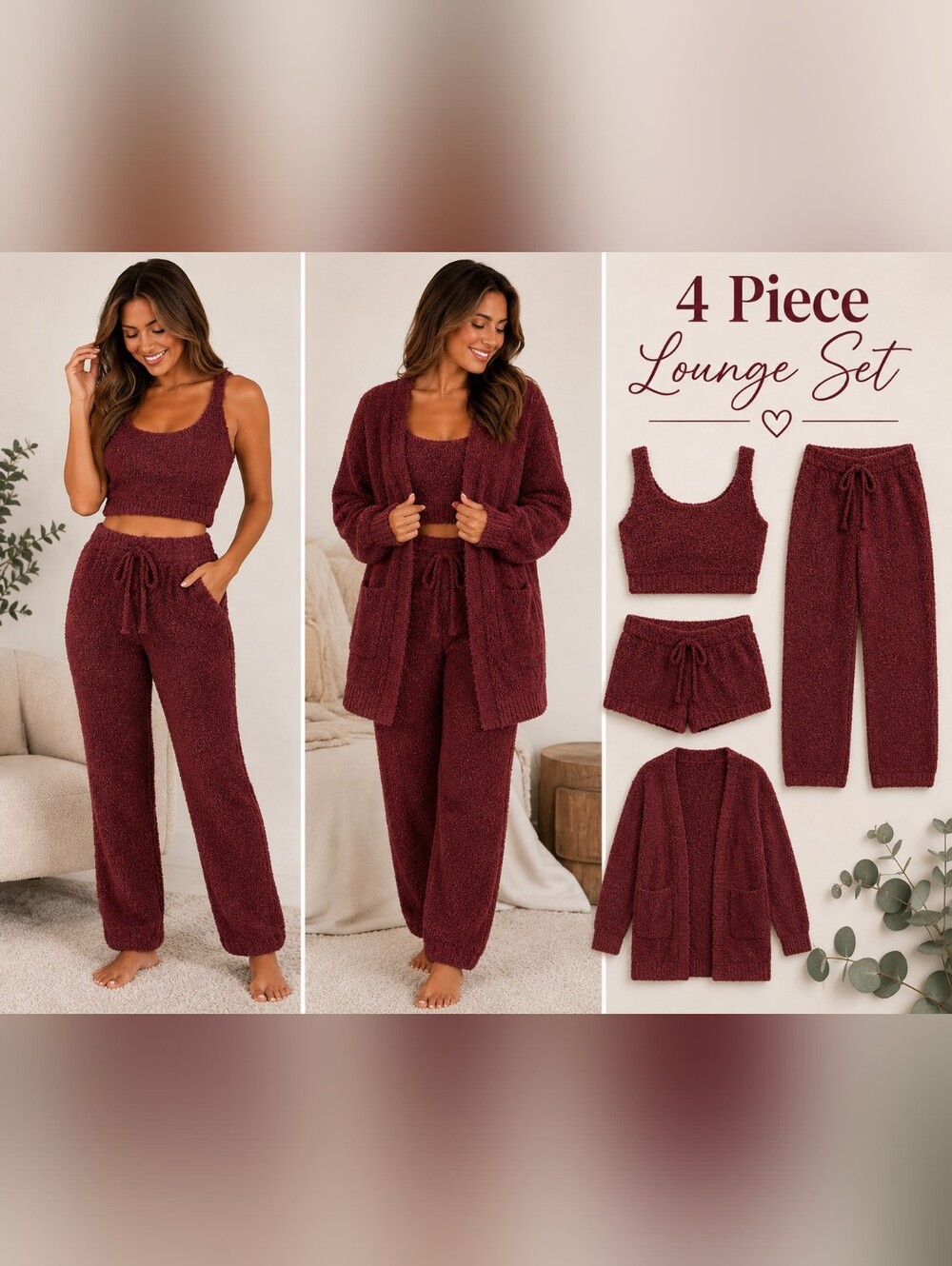 Pleshy Cozy 4 Piece Lounge Set Burgundy Eyelash Knit Cardigan Shorts Pants S View 2